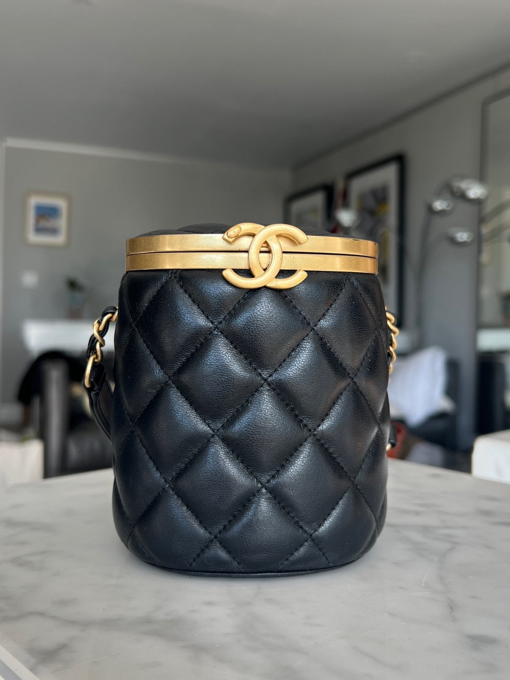 CHANEL Crown Box Vanity Bag Quilted Lambskin Small Black Gold Hardware